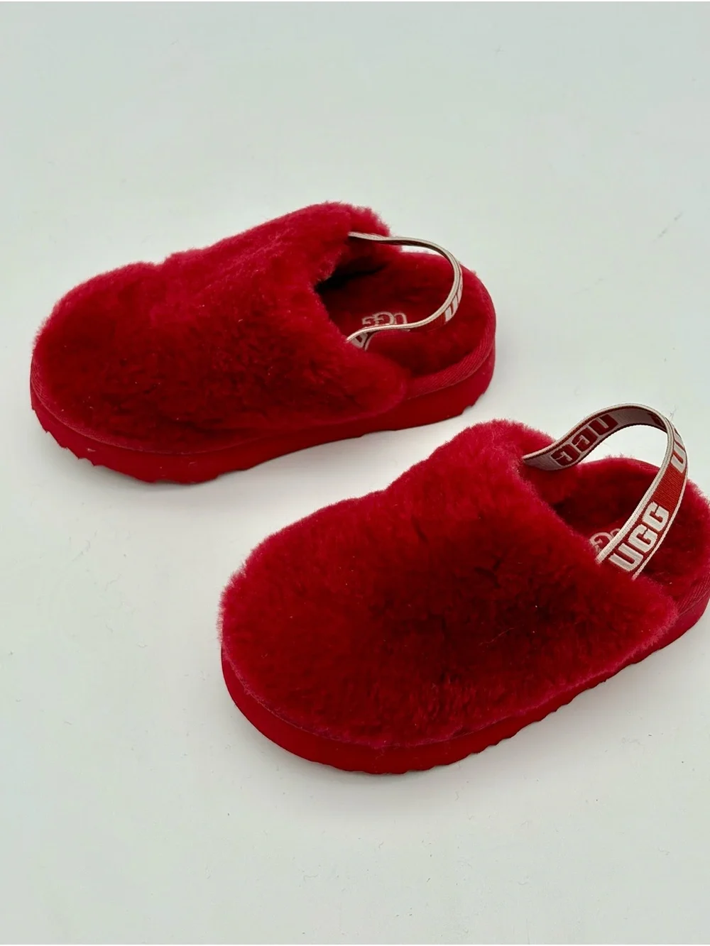 UGG Kids Red Plush Slip-On Clog with Branded Heel Strap